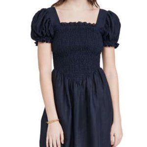 Sleeper Belle Linen Dress In Navy 100% linen